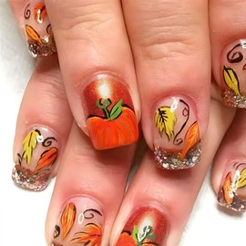 Thanksgiving Press on Nails Short Square Fake Nails with Orange French Maple Leaves Pumpkin Designs Glitter Glue on Nails Press ons Pink Stick on Nails for Women 24Pcs