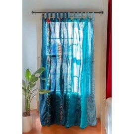 Indian Old Sari Turquoises Color Curtain Door Drape Window Decor Silk Sari Hippie Recycle Curtains