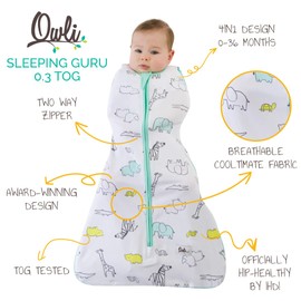 Owli Sleeping Guru Swaddle & Sleeping Bag, Zoo Zoo, 0-36 Months, 4-In-1 Swaddle, Award-Winning Design, Officially Hip-Healthy, 0.3 TOG, OEKO-TEX Certified Cotton-rich Fabric