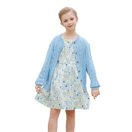 SMILING PINKER Little Girls Boys Aran Cardigan Toddler Cable Knitted Crew Neck Button Up Chunky Sweater Jacket(Light Blue,5-6Years)