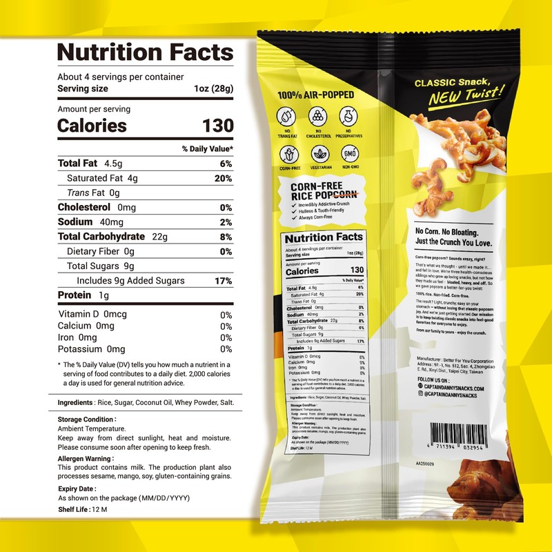 Captain Danny Rice Popcorn Salted Caramel, Corn-Free, Non-Fried, Gluten-Free, Minimally