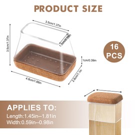 Pack of 16 Rectangular Chair Leg Caps, Protective Caps for Chair Legs, Transparent Chair Leg Protectors with Felt for Protection of Hardwood Floors