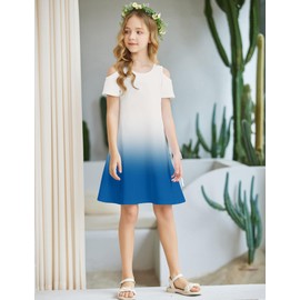 Arshiner Girls Summer Dress Short Sleeve Cold Shoulder Swing Casual Dresses with Pockets Blue Gradient for 11-12 Years