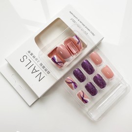 Square Press on Nails Medium Length Fake Nails Glossy Purple Glue on Nails Full Cover False Nails with Purple Glitters Wave Designs White Nail Tips Acrylic Nails French Tip Press on Nails for Women