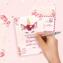 Kirsten McMillan 36 Flower Unicorn Invites - A6 Birthday Party Invitations – Designed and Printed in the UK (Pack of 36)