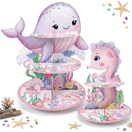 GRULLIN Pink Under the Sea Cupcake Stands, Ocean Baby Shower Birthday Decor