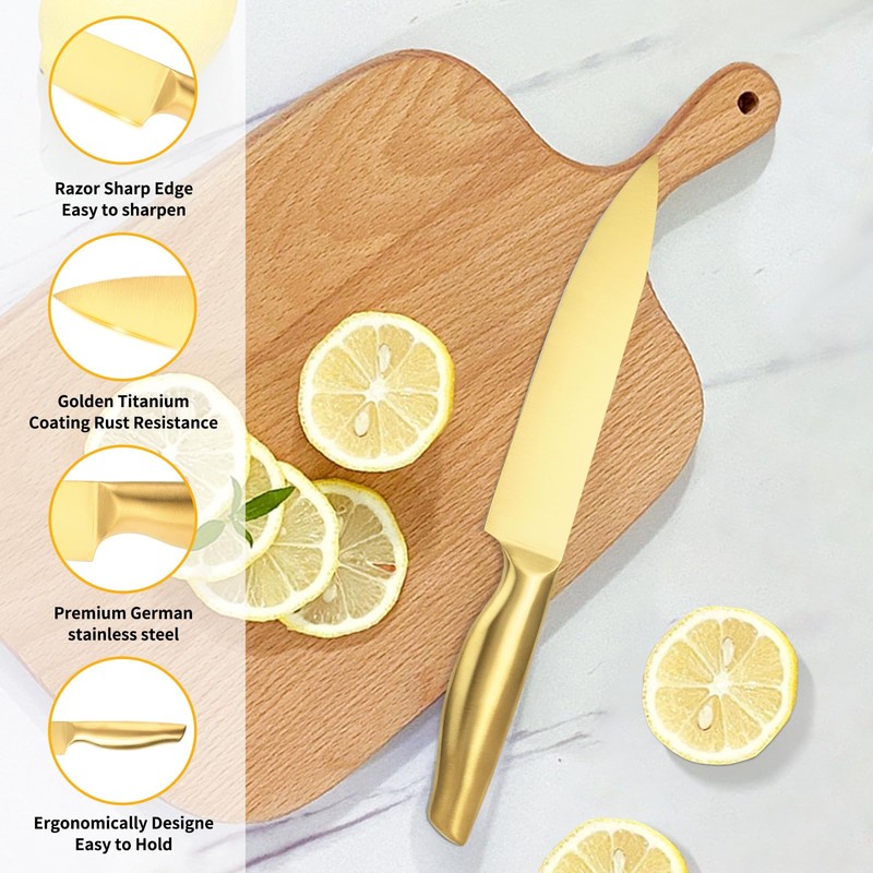 Gold Knife Set，8Pcs Gold Titanium-Coated Dishwasher Safe Kitchen Knife Block