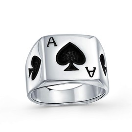 Antique Style Etched Black Ace of Spades Good Luck Gambler Las Vegas Lucky Star Casino Elegant Black Spade Ring for Men 925 Sterling Silver, Sterling Silver