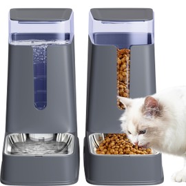 Meowyoyo Automatic Cat Feeder and Cat Water Dispenser Set with Stainless Steel Bowls Gravity Dog Feeder for Small Medium Big Dog Pets Puppy Kitten, 3.8Lx 2