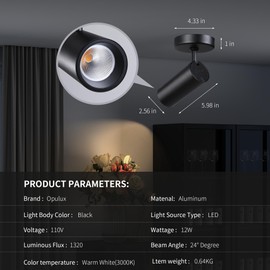 Opulux 12W LED Dimmable Ceiling Spotlight Indoor - Adjustable Surface Accent Lamp for Corridor, Living Room, Warm White 3000K, CRI 97, Anti-Glare Picture Artwork Spot Light, Black