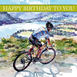 Cyclist Happy Birthday Card with Stunning Watercolour Image and Gold Foil Detailing