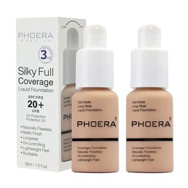 BestLand 2Pack PHOERA Foundation Full Coverage Liquid Foundation Cream - Long-lasting Lightweight Concealer - Oil-Free Formula - Natural Shade - Suitable for All Skin Types (102 Nude & 103 Warm Peach)