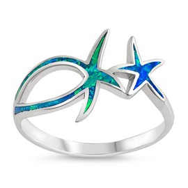 Blue Simulated Opal Starfish Ocean Animal Midi Ring Sterling Silver Band Size 5