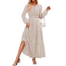 ZESICA Women's 2025 Fall Long Sleeve Maxi Dress Floral Print V Neck Empire Waist A Line Tiered Flowy Boho Party Dresses Beige Large