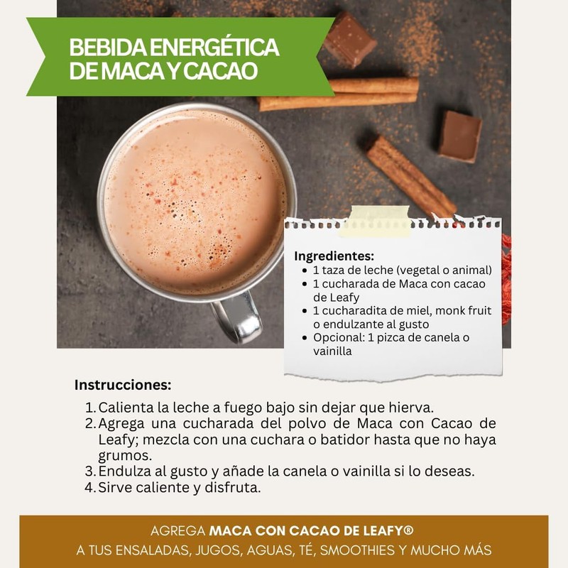 Leafy Maca con Cacao Natural y Orgánico Sin Azúcar 200g