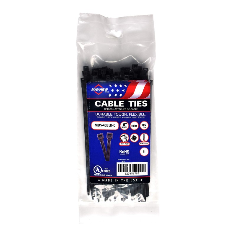 Mayhew Tools MB5-40BLK-C Nylon Cable Ties, UV Black, 5-Inch 40-Pound