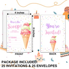 Ice Cream Birthday Invitations, 25 Double-Sided Invitation Cards with 25 Envelopes, Summer Party Decoration Supplies - C06
