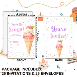 Ice Cream Birthday Invitations, 25 Double-Sided Invitation Cards with 25 Envelopes, Summer Party Decoration Supplies - C06