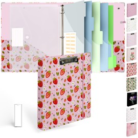 Etzul 3 Ring Binder 1 inch with Clipboard - Pink Strawberry Design, Includes Dividers, File Bag & Spine Label - Cute and Practical for Students and Organizers, Holographic Waterproof Film