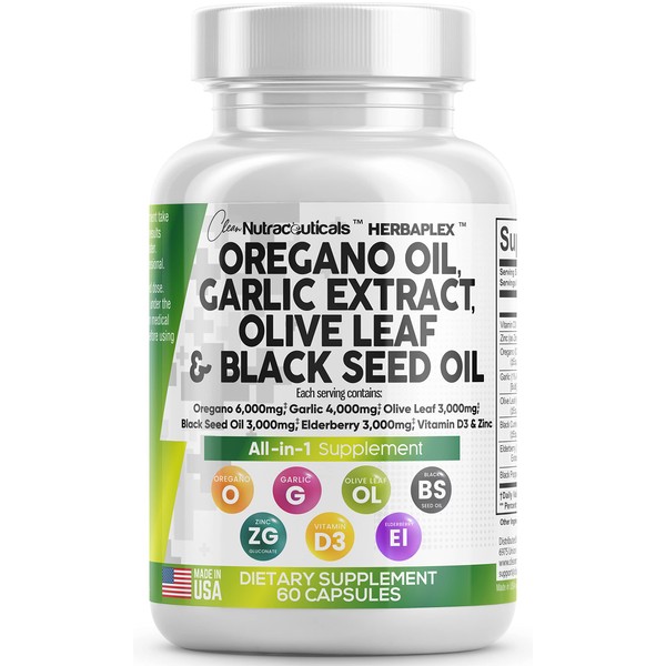 Oregano Oil 6000mg Garlic Extract 4000mg Olive Leaf 3000mg Black Seed Oil 3000mg - Immune Support & Digestive Health Supplement for Women and Men with Vitamin D3 and Zinc - Made in USA 60 Caps