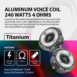Warzone WZ20TW 2.88-Inch Super Tweeter Speaker, 4 Ohm, 500W Max Power, 105dB Sensitivity, Titanium Diaphragm, CCAW Voice Coil for Pro Car Audio