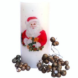 Decorative Vintage Retro Santa Claus Flickering Flameless Pillar Christmas Pillar Candle with Timer Hand Painted Accents Crystal Rhinestones Holly and Berry Garland Holiday Lights Decorations