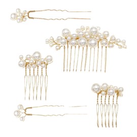 Pearl Pin Hair Ornaments, Set of 5, 3 Types, Hair Pin, Comb, U-Pins, Entrance Ceremonies, Coming-of-Age Ceremonies, Weddings, Brides, etc. (Gold)