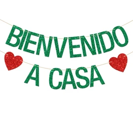 Bienvenido a Casa Banner, Homecoming Sign, Spanish Welcome Home Party Hanging Bunting, Mexican Fiesta Party Decorations Supplies Green Glitter