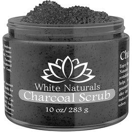Activated Charcoal Scrub 10 oz By White Naturals: Facial & Body scrub, Reduces Wrinkles, Blackheads & Acne Scars,Natural Skin Care, Face Cleanser,Pure Vegan Scrub For Skin Exfoliation And Detox.