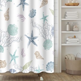 Yanutan Ocean Theme Shower Curtain, Starfish Coral Nautical Coastal Shower Curtain Set for Bathroom, Nautical Marine Theme Seashell Conch Fabric Bath Curtain with Hooks, 72x72in