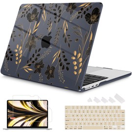 Mektron for 2025-2022 MacBook Air 13.6 inch Case M4 M3 M2，Model A3240 A3113 A2681 with Liquid Retina Display Touch ID，Printed Bright Hard Shell Cover for MacBook Air 13.6"，Gold Floral