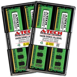 A-Tech 16GB (4 x 4GB) DDR3 1600MHz PC3-12800 Desktop RAM Kit | Non-ECC Unbuffered DIMM Dual Rank 2Rx8 1.5V 240-Pin Memory Upgrade Modules