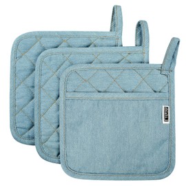 100% Cotton Potholders Kitchen Everyday Basic Terry Pot Holder Heat Resistant Large Coaster Hot Pads Kit Trivets Set for Cooking and Baking Set of 3 Light Blue