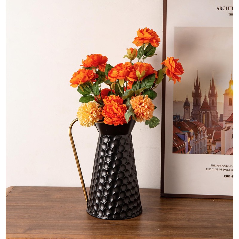 Elegant Black Metal Pitcher Vase, Farmhouse Galvanized Flower Vase, Rustic