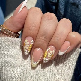 Flower Press on Nails Almond, French Tip Fake Nails, Spring Yellow Small Daisy False Nails, Medium Length Acrylic Nails with Sunflower Bow Designs, Glossy Glue on Nails for Manicure Art