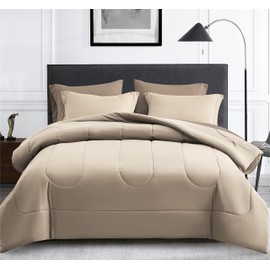 Maple&Stone Queen Size Comforter Set 7 Pieces Bed in a Bag - Down Alternative Bed Set with Sheets, Pillowcases & Shams, Soft Reversible Duvet Insert for Queen Bed, Beige