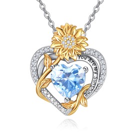 AENEAS You Are My Sunshine Necklace Sunflower March Birthstone Necklaces Sterling Silver Heart Aqumarine Pendant Jewelry Women Gift for Birthday Mothers Day Christmas Anniversary, 20 inches, Sterling