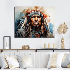 DesignQ Native American Art Wall art decor, Native American Art Wall Art, Apache Warrior'S Spirit, Extra large Canvas wall art, 32x16 inches