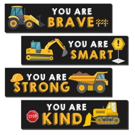 4 Pieces Construction Trucks Inspirational Quotes Wooden Wall Hanging Sign, Motivational Hanging Plaque Sign Outer Space Room Wall Art, Home Boys Bedroom Nursery Wall Decor