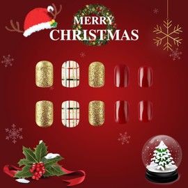 Christmas Press on Nails Short Square Colorful Fake Nails False Nails with Designs Gold Chrismis Tree Full Cover Winter Glossy Glue on Nails Xmas Stick on Nails Acrylic Nails for Women Girls 24 Pcs