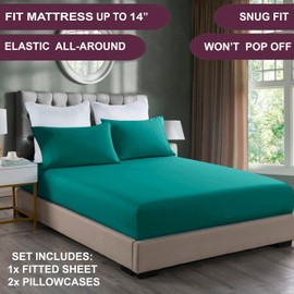 NIM TEXTILE Luxury Sheets 1600 TC Softness Deep Pocket 3pc Fitted Sheets Set - 1 Fitted Sheet and 2 Pillowcases - Milano Collection Bedding - Turquoise, Full