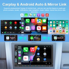 Double DIN Radio with Wireless Carplay and Android Car - 7 Inch Car Radio Double DIN with FM Radio, GPS Navigation, Multiple UI, Bluetooth 5.1, USB/AUX with Reversing Camera