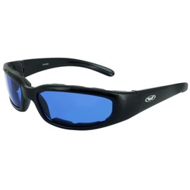 Global Vision Chicago Padded Motorcycle Riding Sunglasses Black Frame w/Blue Lenses & Pouch