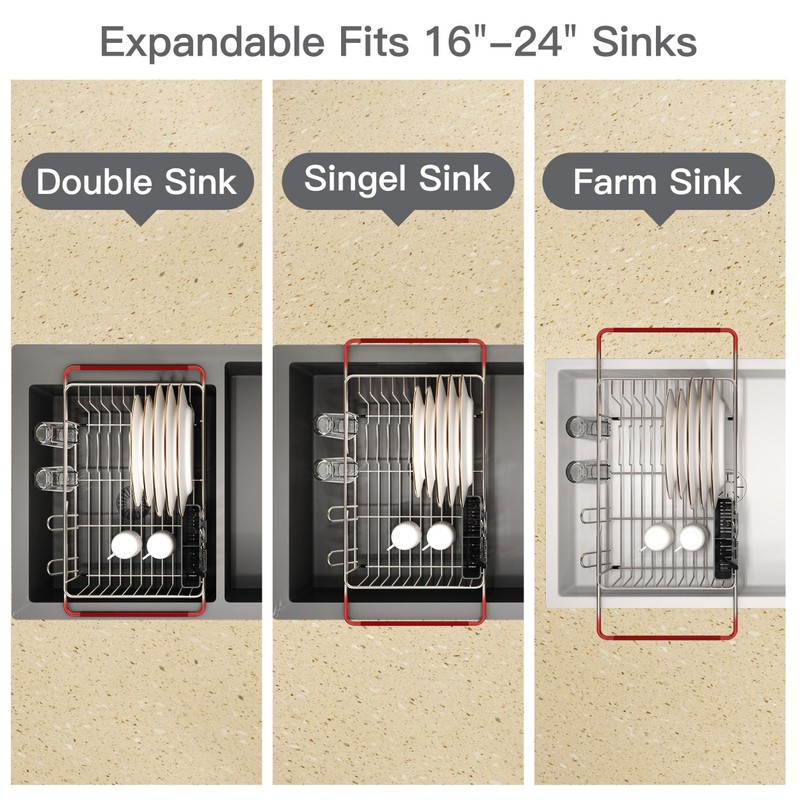 Over the Sink Expandable Dish Drainer Drying Rack In Stainless