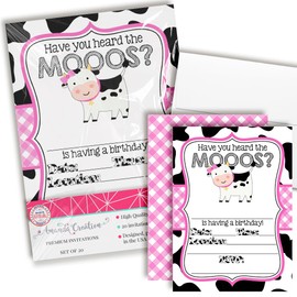 Heard the Moos Pink Cow-Themed Birthday Party Invitations for Kids, 20 5x7 Fill In Cards with Twenty White Envelopes by AmandaCreation