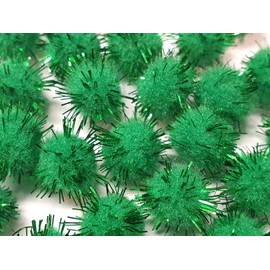 Pack of 100 Plush Pompoms with Green Glitter, Round Pompom, Green Colour Set, 15 mm Bobble Sewing Tilda Craft Border Balls Fluffy Plush Balls for Funny DIY Creative Crafts