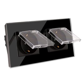 CNBINGO Glass Schuko Socket Flush-Mounted - with Waterproof Lid and Glass Frame - Wall Socket Double in Black - Suitable for Washrooms, Kitchens
