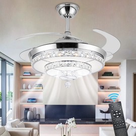Panghuhu88 42" Fandelier Invisible Ceiling Fan Chandelier with Light,Modern Crystal Ceiling Fan Light Remote Control 4 Retractable ABS Blades for Bedroom Living Dining Room Decoration