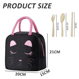 MEMOFYND 1-Piece Lunch Bag with Cat Face and 3-Piece Cutlery Set, Waterproof Cartoon Style Lunch Bag, Cute Lunch Bag, Portable Lunch Bag, Reusable, Black