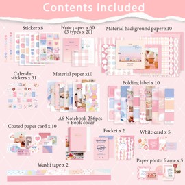 ROEOWENE 410 Pieces Scrapbook Accessories Bullet Journal Sticker DIY Scrapbook Set Girls Scrapbooking Accessories Craft Paper Aesthetic Notebook Craft Set Children's Diary Christmas Gifts from 6-12